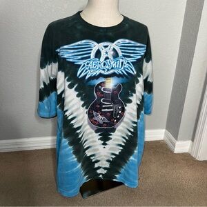 VTG Y2K 2006 Liquid Blue Aerosmith Guitar Lips Graphic Tie Dye T-Shirt Size XXL